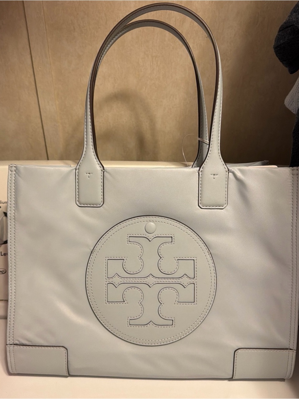 Tory Burch Pale Gray Leather Logo Tote